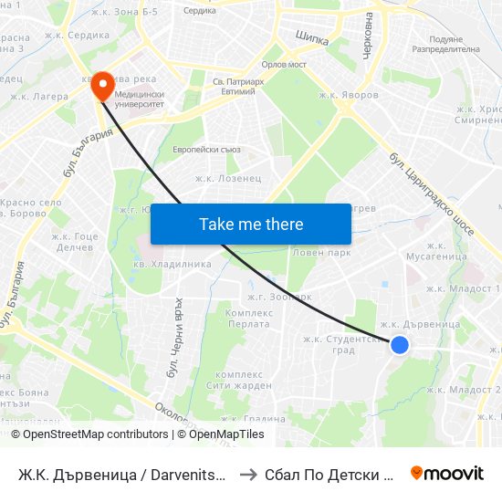 Ж.К. Дървеница / Darvenitsa Qr. (1012) to Сбал По Детски Болести map