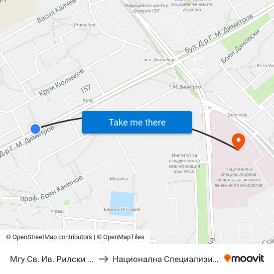 🎓 Минно-Геоложки Университет / University Of Mining And Geology (1033) to Национална Специализирана Болница За Активно Лечение По Онкология map