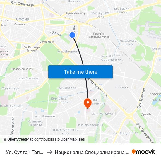 Ул. Султан Тепе / Sultan Tepe St. (2194) to Национална Специализирана Болница За Активно Лечение По Онкология map