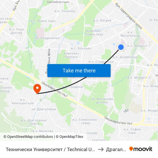 Технически Университет / Technical University (1743) to Драгалевци map