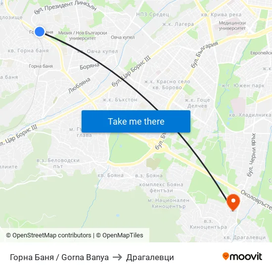 Горна Баня / Gorna Banya to Драгалевци map