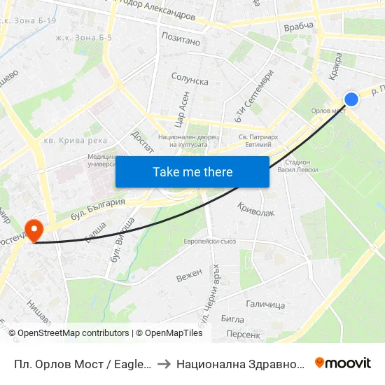 Ⓜ️ Пл. Орлов Мост / Eagles' Bridge Sq. (1290) to Национална Здравноосигурителна Каса map
