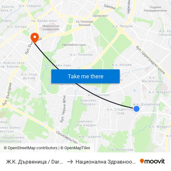 Ж.К. Дървеница / Darvenitsa Qr. (0801) to Национална Здравноосигурителна Каса map