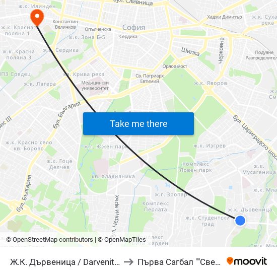 Ж.К. Дървеница / Darvenitsa Qr. (1015) to Първа Сагбал ""Света София"" map
