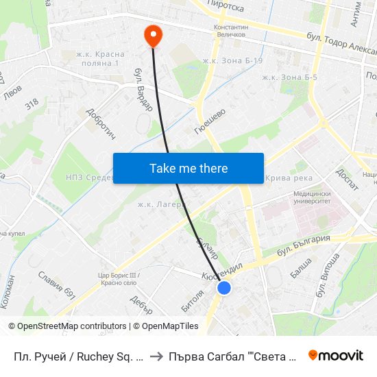 Пл. Ручей / Ruchey Sq. (1301) to Първа Сагбал ""Света София"" map