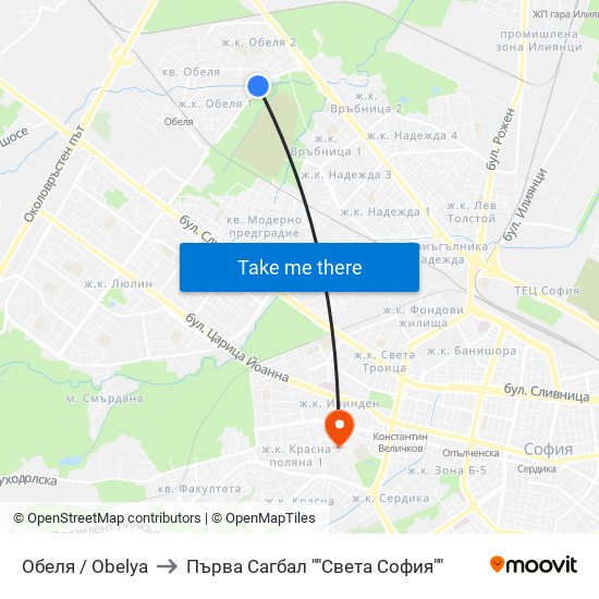 Обеля / Obelya to Първа Сагбал ""Света София"" map