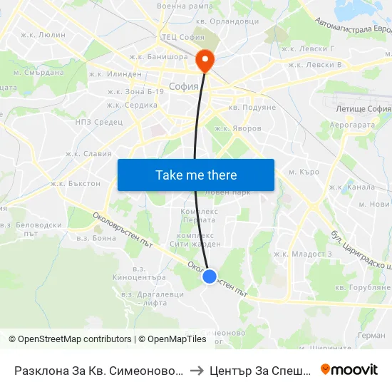 Разклона За Кв. Симеоново / Fork Road To Simeonovo Qr. (1459) to Център За Спешна Медицинска Помощ map