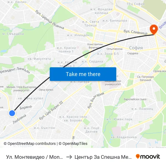 Ул. Монтевидео / Montevideo St. (2050) to Център За Спешна Медицинска Помощ map