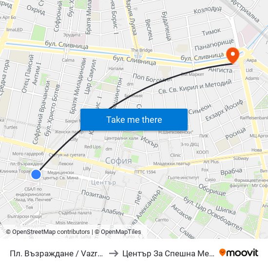 Пл. Възраждане / Vazrazhdane Sq. (1269) to Център За Спешна Медицинска Помощ map