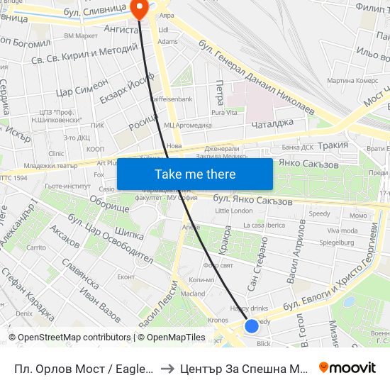 Пл. Орлов Мост / Eagles' Bridge Sq. (1290) to Център За Спешна Медицинска Помощ map