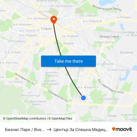 Бизнес Парк / Business Park to Център За Спешна Медицинска Помощ map