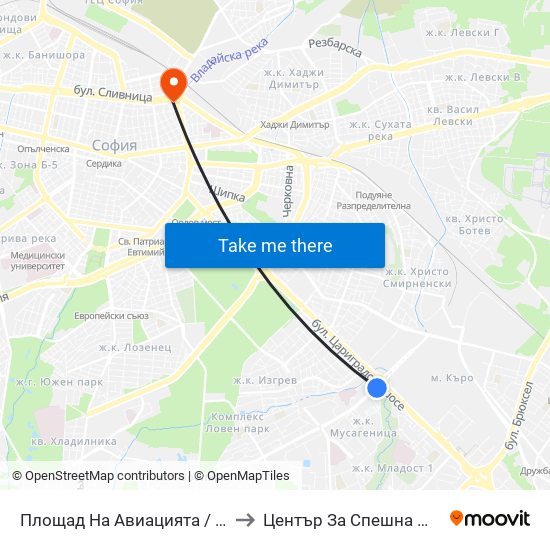 Площад На Авиацията / Aviation Square (1257) to Център За Спешна Медицинска Помощ map