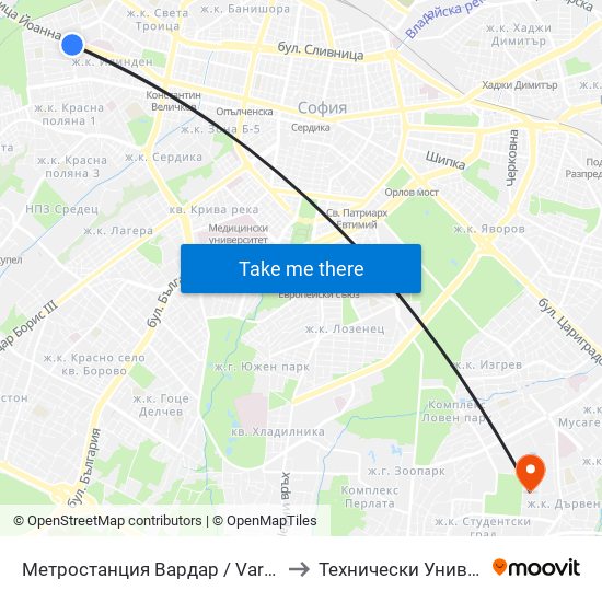Метростанция Вардар / Vardar Metro Station (2572) to Технически Университет - София map