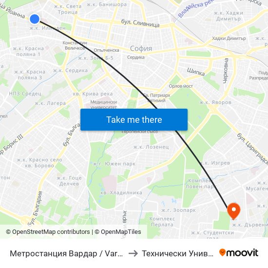 Метростанция Вардар / Vardar Metro Station (1047) to Технически Университет - София map