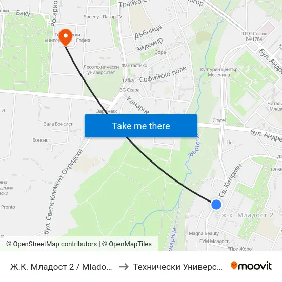 Ж.К. Младост 2 / Mladost 2 Qr. (0663) to Технически Университет - София map