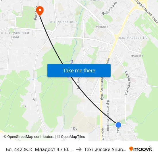 Бл. 442 Ж.К. Младост 4 / Bl. 442, Mladost 4 Qr. (2389) to Технически Университет - София map