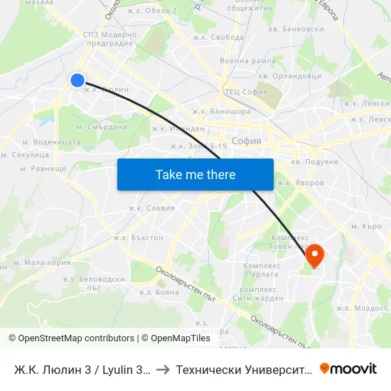 Ж.К. Люлин 3 / Lyulin 3 Qr. (0654) to Технически Университет - София map