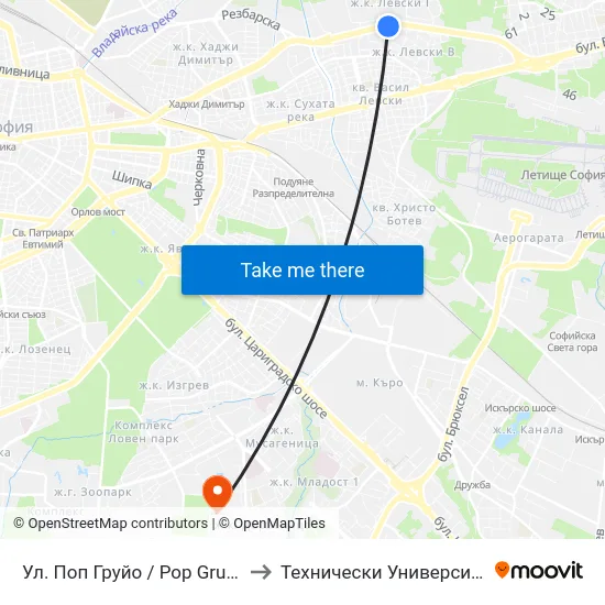 Ул. Поп Груйо / Pop Gruyu St. (2128) to Технически Университет - София map