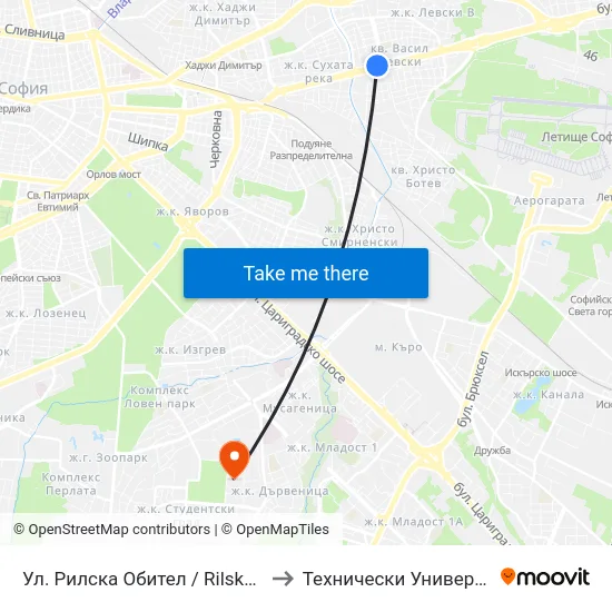 Ул. Рилска Обител / Rilska Obitel St. (2161) to Технически Университет - София map