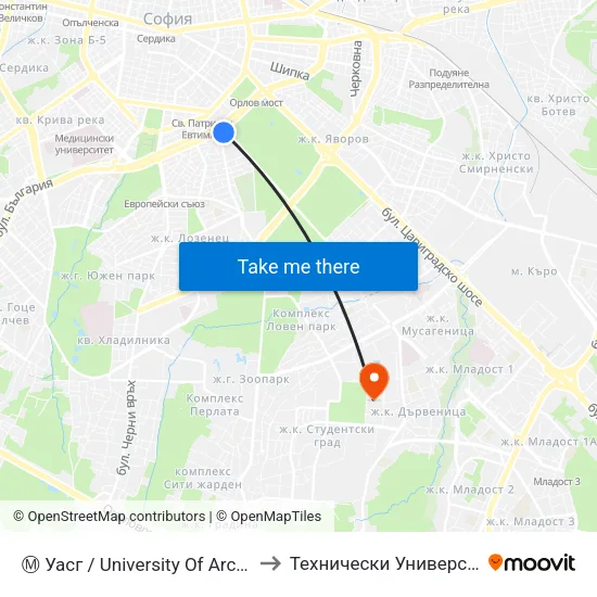 Ⓜ️ Уасг / University Of Architecture (0387) to Технически Университет - София map