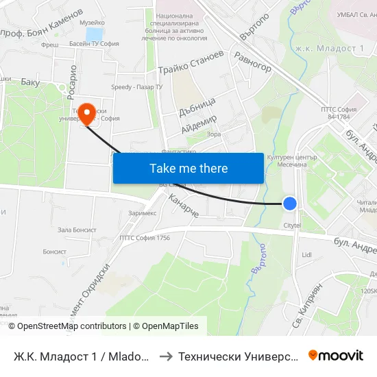 Ж.К. Младост 1 / Mladost 1 Qr. (0662) to Технически Университет - София map
