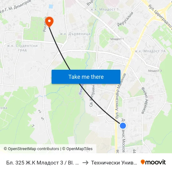 Бл. 325 Ж.К Младост 3 / Bl. 325, Mladost 3 Qr. (2488) to Технически Университет - София map