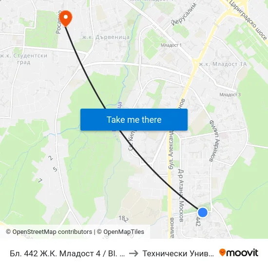 Бл. 442 Ж.К. Младост 4 / Bl. 442, Mladost 4 Qr. (2388) to Технически Университет - София map