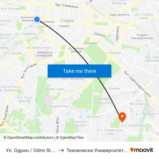 Ул. Одрин / Odrin St. (2076) to Технически Университет - София map