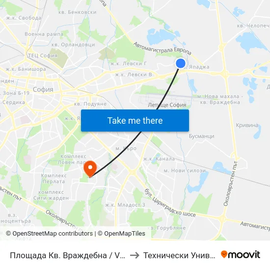 Площада Кв. Враждебна / Vrazhdebna Market (1338) to Технически Университет - София map