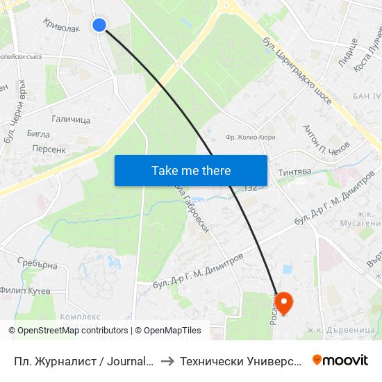 Пл. Журналист / Journalist Sq. (1273) to Технически Университет - София map