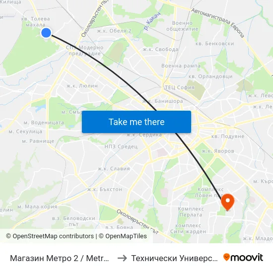 Магазин Метро 2 / Metro 2 Store (1019) to Технически Университет - София map