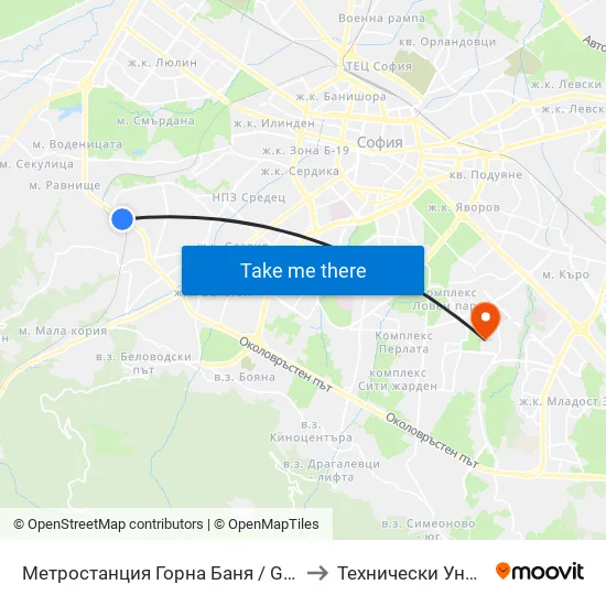 Ⓜ️ Метростанция Горна Баня / Gorna Banya Metro Station (0683) to Технически Университет - София map