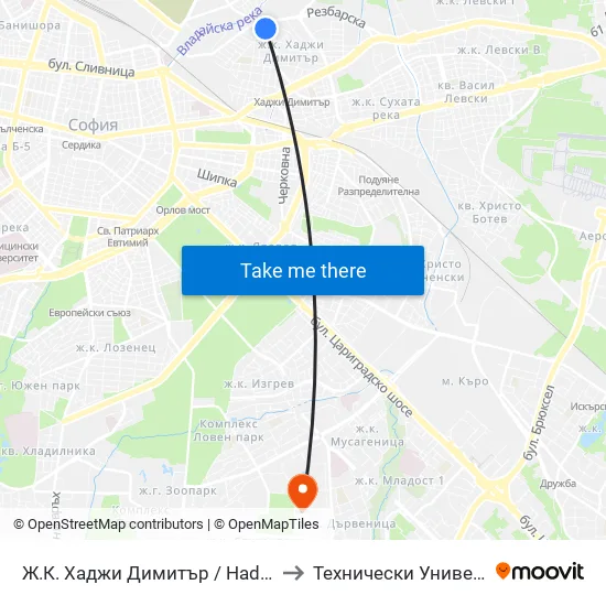 Ж.К. Хаджи Димитър / Hadzhi Dimitar Sq. (0692) to Технически Университет - София map