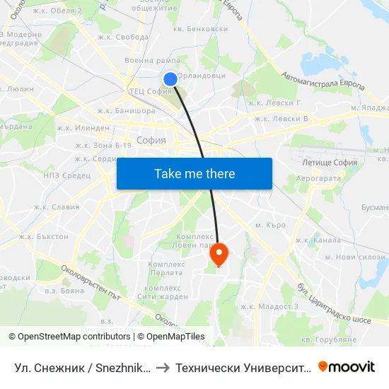 Ул. Снежник / Snezhnik St. (2176) to Технически Университет - София map