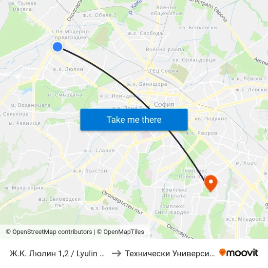 Ж.К. Люлин 1,2 / Lyulin 1,2 Qr. (0650) to Технически Университет - София map