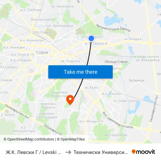 Ж.К. Левски Г / Levski G Qr. (0660) to Технически Университет - София map