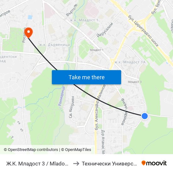 Ж.К. Младост 3 / Mladost 3 Qr. (0665) to Технически Университет - София map
