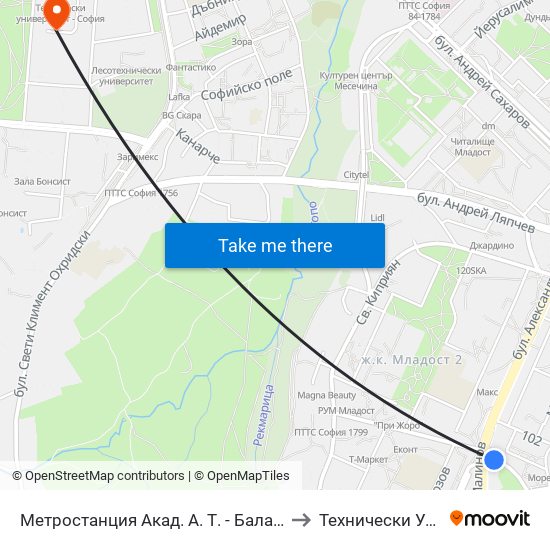 Метростанция Акад. А. Т. - Балан / Acad. A. T.-Balan Metro Station (1918) to Технически Университет - София map