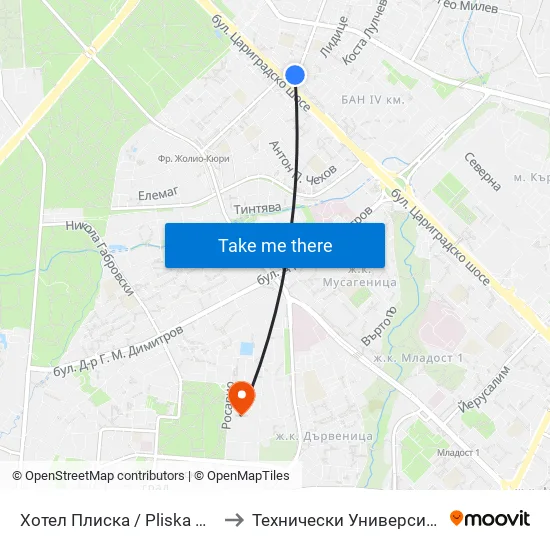 Хотел Плиска / Pliska Hotel (2324) to Технически Университет - София map