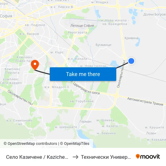 Село Казичене / Kazichene Village (1538) to Технически Университет - София map