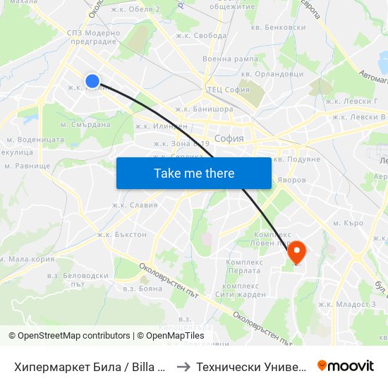 Хипермаркет Била / Billa Hypermarket (2306) to Технически Университет - София map