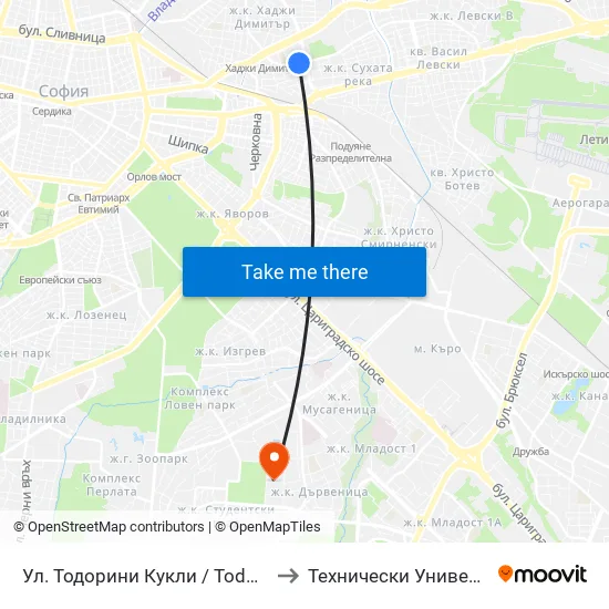 Ул. Тодорини Кукли / Todorini Kukli St. (2214) to Технически Университет - София map