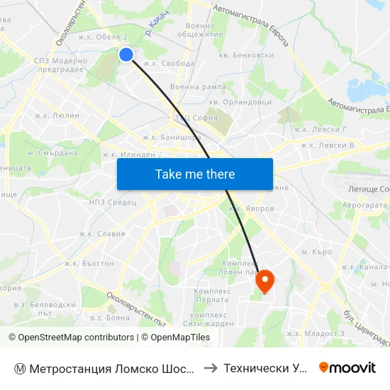 Ⓜ️ Метростанция Ломско Шосе / Lomsko Shose Metro Station (2660) to Технически Университет - София map