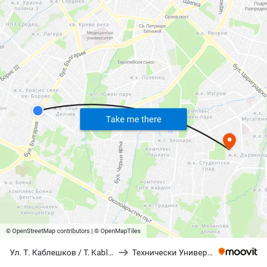 Ул. Т. Каблешков / T. Kableshkov St. (2206) to Технически Университет - София map