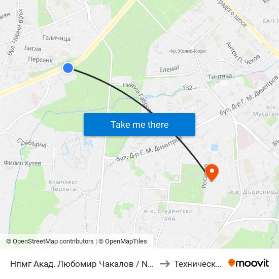 Нпмг Акад. Любомир Чакалов / National Gymnasium Of Natural Sciences And Mathematics (1605) to Технически Университет - София map