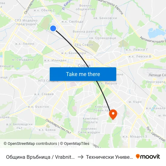 Община Връбница / Vrabnitsa Municipality (6216) to Технически Университет - София map