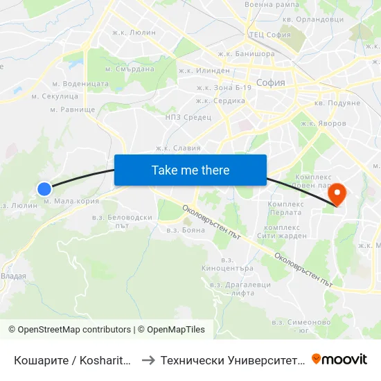 Кошарите / Kosharite (2714) to Технически Университет - София map