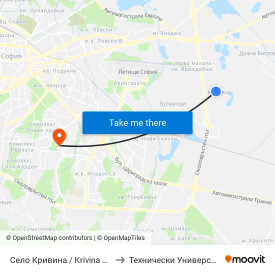 Село Кривина / Krivina Village (1541) to Технически Университет - София map