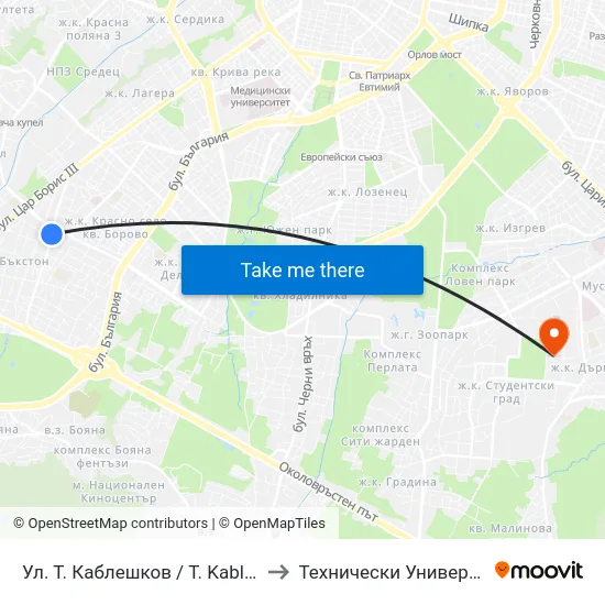 Ул. Т. Каблешков / T. Kableshkov St. (2208) to Технически Университет - София map
