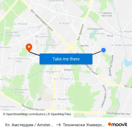 Ул. Амстердам / Amsterdam St. (2586) to Технически Университет - София map